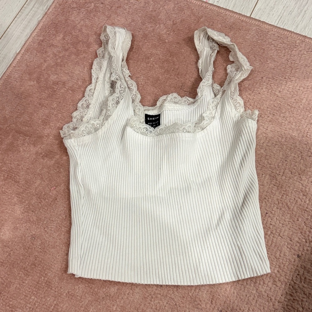 SHEIN White Ribbed Camisole with Lace Trim